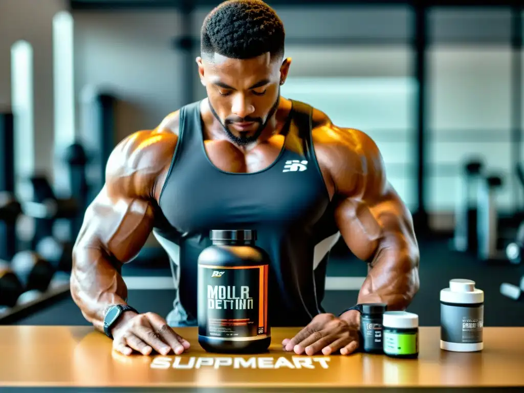 Maximiza tu rendimiento: CrossFit y suplementos premium Un atleta musculoso mezcla suplementos en un gimnasio moderno