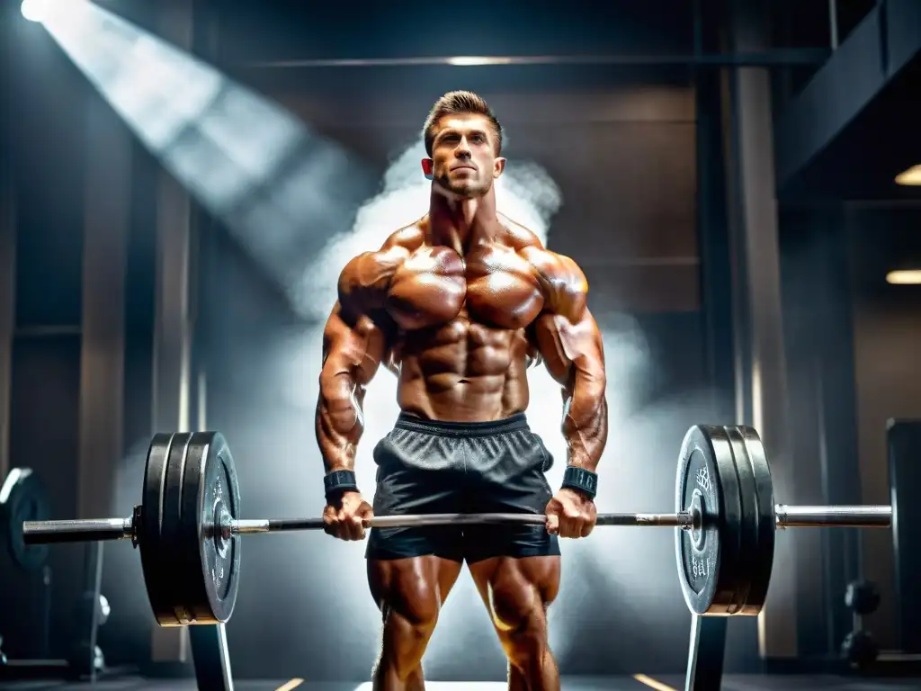 Atleta musculoso en un gimnasio moderno, listo para levantar pesas Un atleta musculoso y tonificado se prepara para levantar pesas en un gimnasio moderno, con una iluminación dramática que resalta su sudor y venas