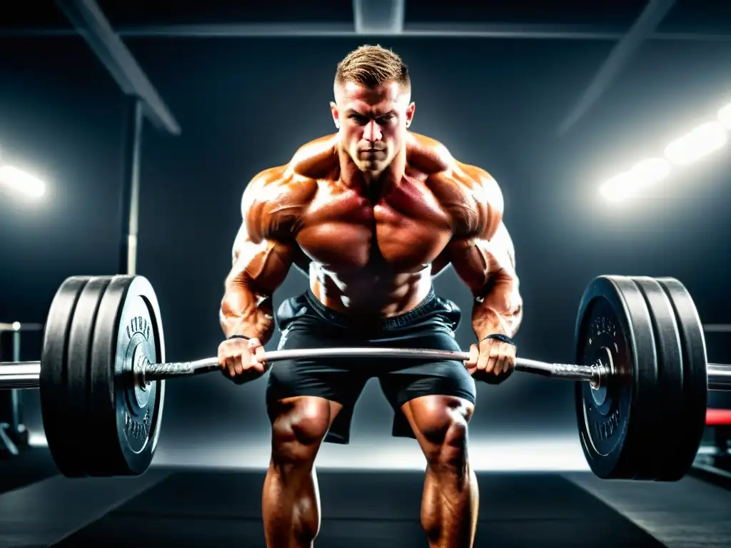 Un atleta levantando pesas en un gimnasio moderno, con sudor en la piel y determinación en los ojos
