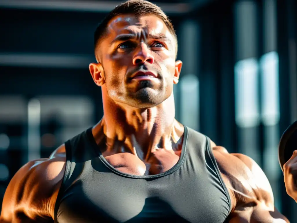 Entrenamiento intenso en gimnasio moderno Un atleta levantando pesas con determinación en un gimnasio moderno