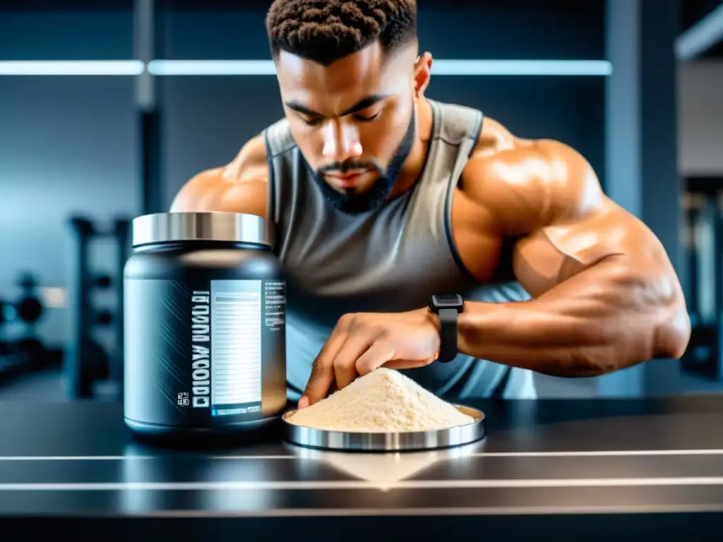 Preparación meticulosa de pre-entrenamiento en gimnasio Un atleta mide con precisión polvo preentrenamiento en un gimnasio moderno