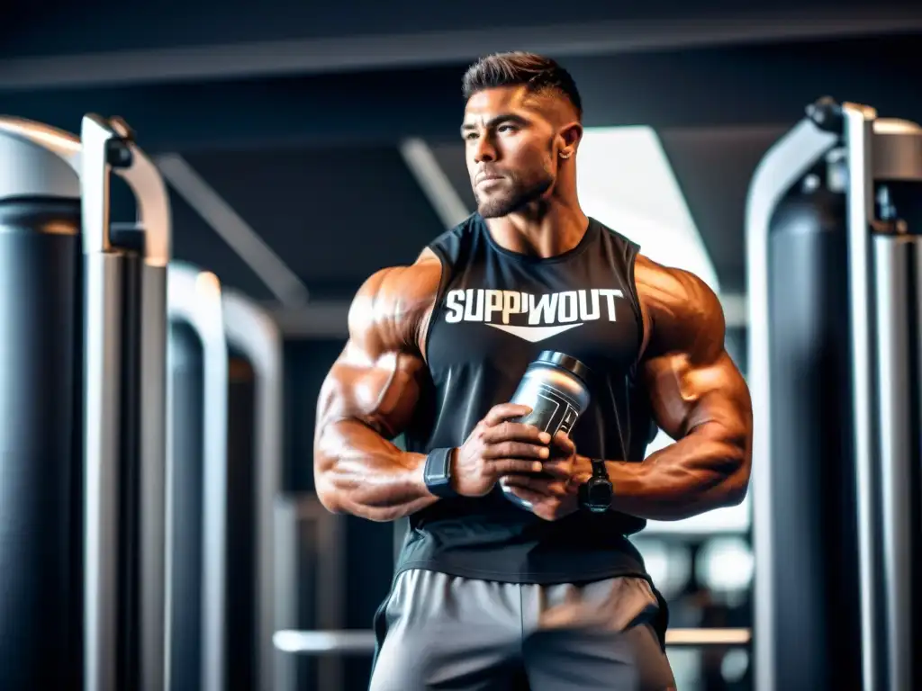 Preparándose para el éxito: Athlete con preworkout en gimnasio futurista Un atleta potente se prepara para tomar un suplemento preentrenamiento en un gimnasio moderno