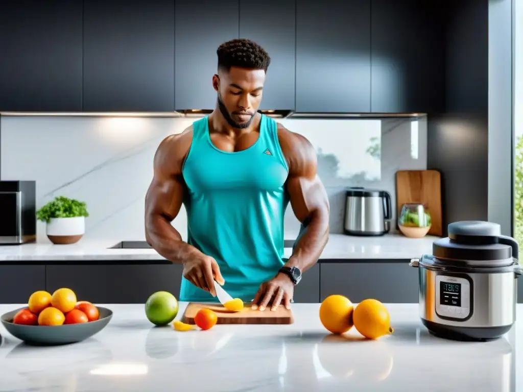 Preparación de Nutrición Deportiva de Élite Un atleta profesional preparando meticulosamente su avanzada nutrición deportiva en una cocina moderna y brillantemente iluminada
