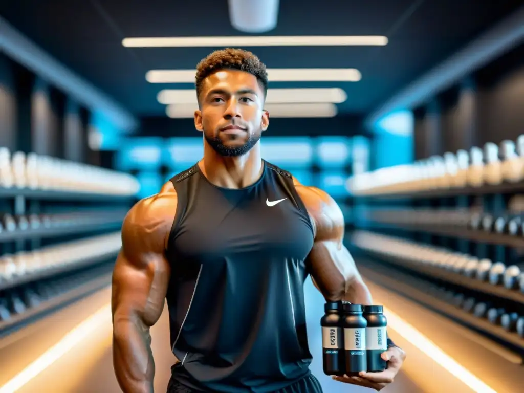 Atleta profesional en gimnasio moderno con suplementos deportivos Un atleta profesional sostiene un batido de proteínas en un moderno gimnasio lleno de suplementos deportivos