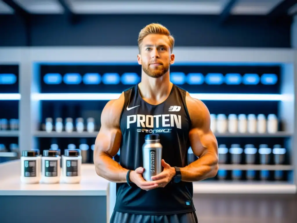 Suplementos personalizados y tecnología de vanguardia para atletas Un atleta profesional sostiene un batido de proteínas personalizado en un laboratorio de rendimiento deportivo de vanguardia con impresoras 3D y suplementos nutricionales personalizados, resaltando la importancia de la personalización en el rendimiento deportivo
