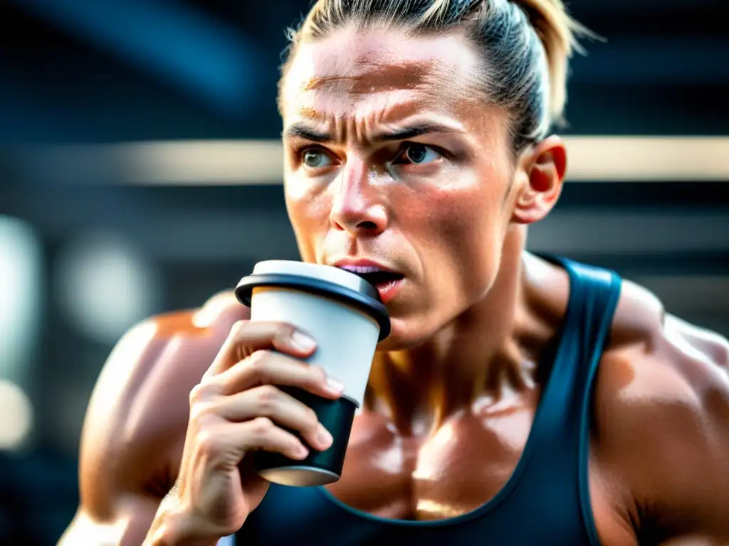 Atleta determinado consumiendo energía Un atleta profesional sudando intensamente mientras toma café, mostrando los efectos de la cafeína en el deporte