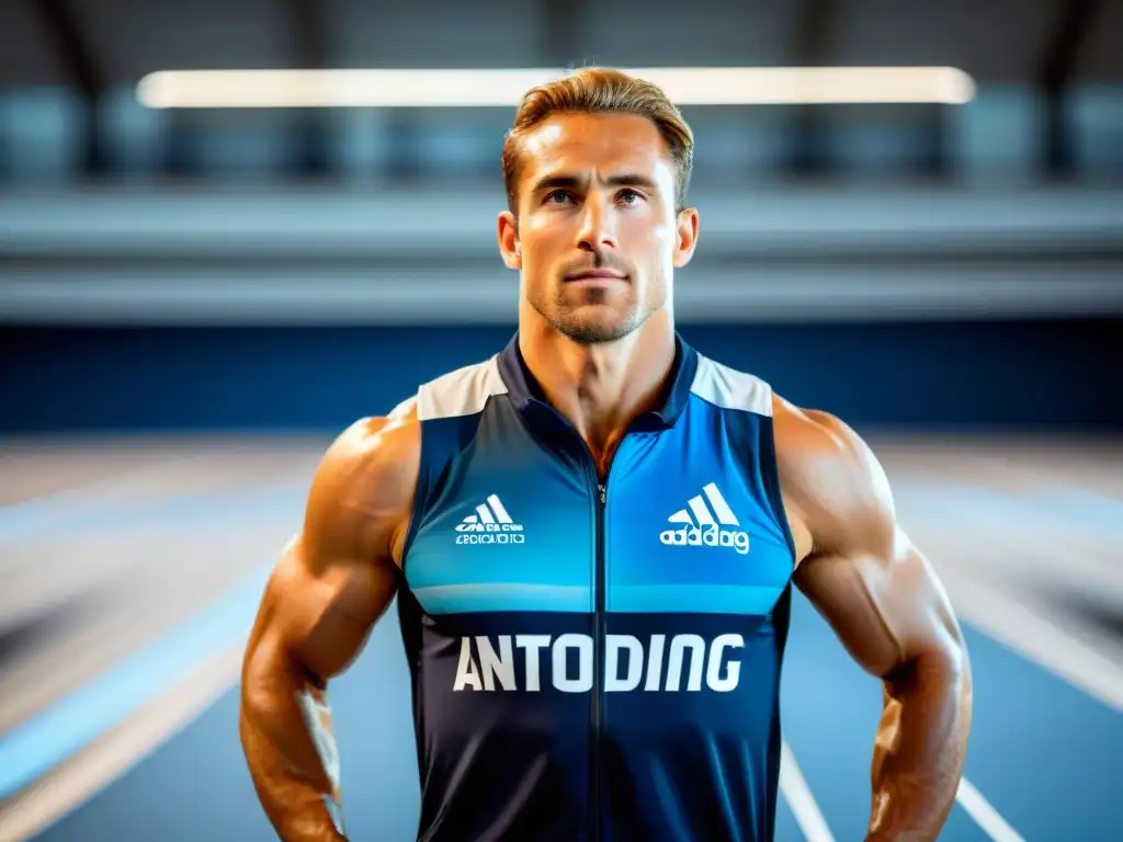 Atleta de élite con suplementos antidopaje Un atleta profesional en acción, vistiendo una camiseta con los logos de suplementos deportivos certificados antidopaje