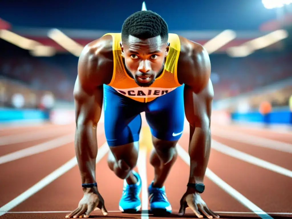 Atleta profesional en la línea de salida: intensidad y determinación Un atleta profesional se prepara para una carrera en una pista moderna, mostrando determinación y enfoque