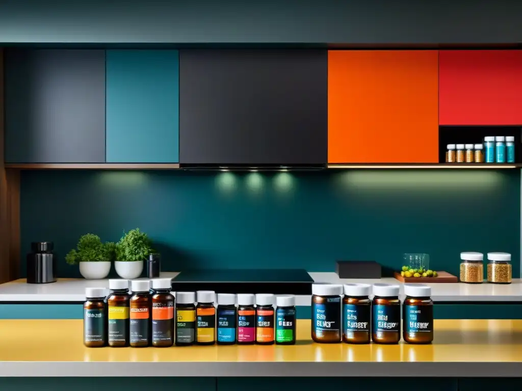 Suplementos personalizados para atletas de élite | Cocina moderna Un atleta profesional en una cocina moderna con suplementos nutricionales personalizados deportivos y una expresión enfocada