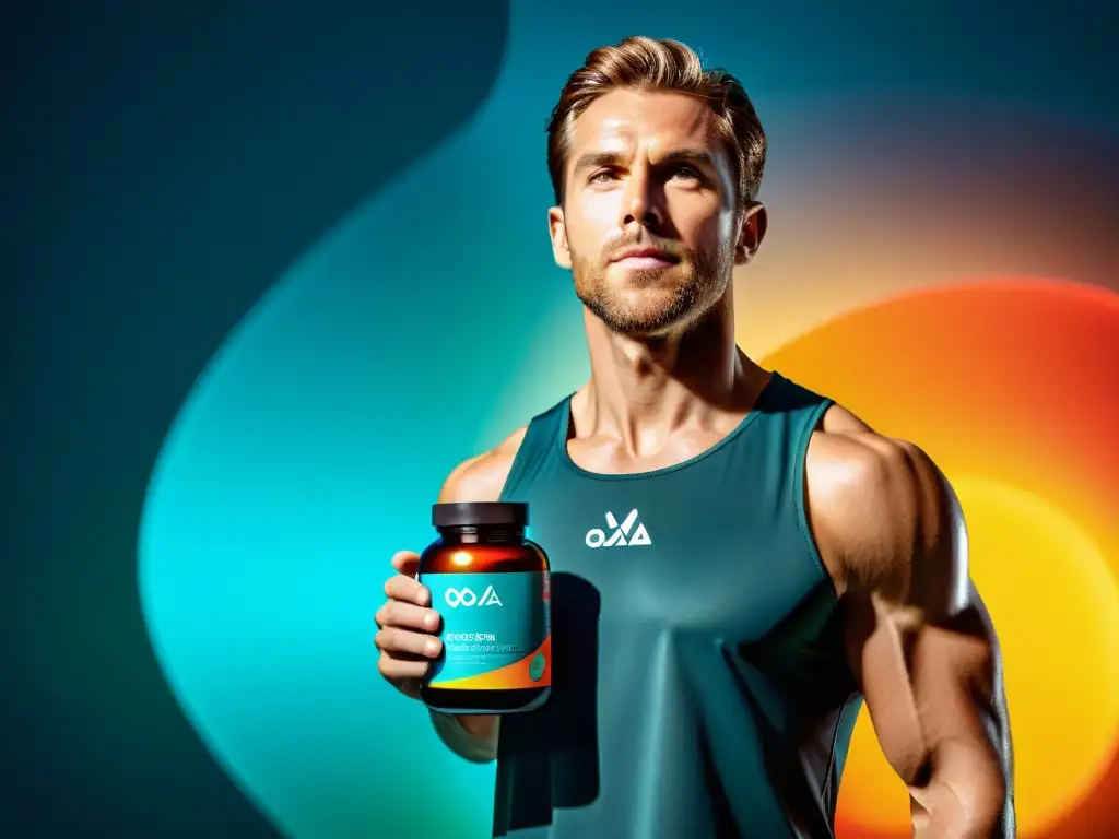 Suplemento Omega-3: Potencia atlética y modernidad Un atleta profesional en acción sostiene un contenedor de alternativas omega 3 suplementación deportiva, con diseño futurista y colores dinámicos