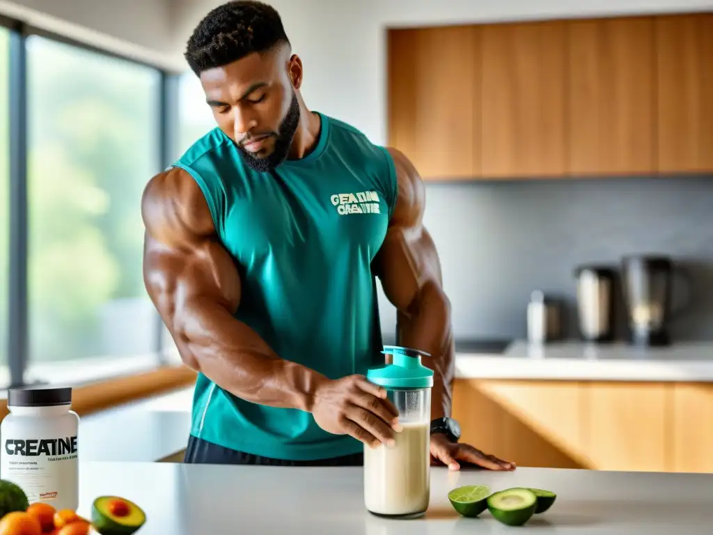 Atleta mezclando creatina en batido post-entrenamiento Un atleta profesional mezcla creatina en un batido postentrenamiento en una elegante cocina, destacando la importancia de la creatina para la recuperación