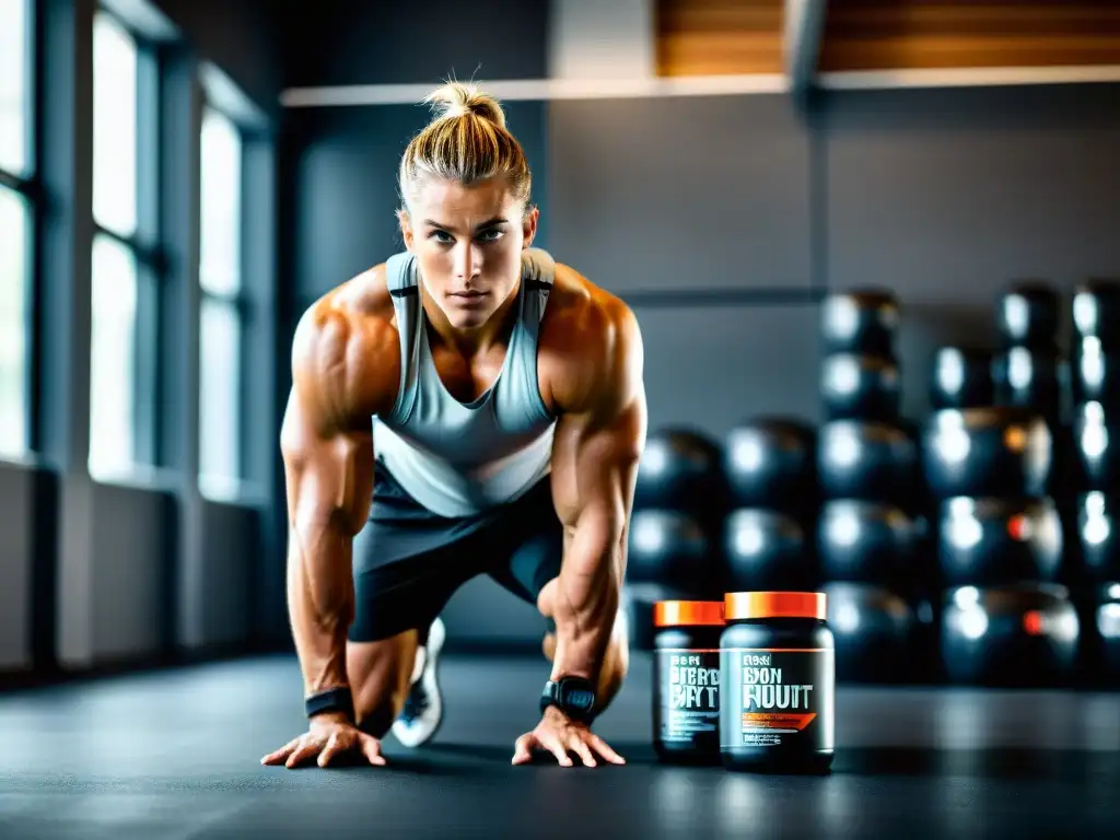 Atleta de élite entrenando en gimnasio moderno con suplementos deportivos Un atleta profesional se enfoca intensamente en su desafiante entrenamiento en un gimnasio moderno