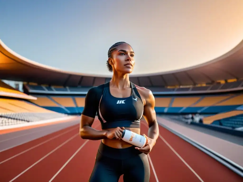 Atleta femenina en estadio futurista con suplementos de resistencia Una atleta profesional en un estadio futurista al atardecer, sosteniendo suplementos de liberación sostenida para mejorar su rendimiento atlético