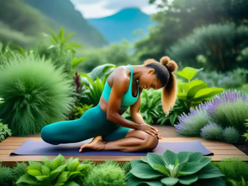 Yoga del atleta entre plantas medicinales Un atleta profesional realiza estiramientos y poses de yoga entre hierbas adaptogénicas