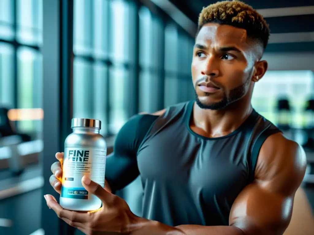 Regulaciones de suplementos en el deporte: Atleta enfocado lee etiqueta Un atleta profesional lee la etiqueta de un suplemento deportivo en un gimnasio futurista
