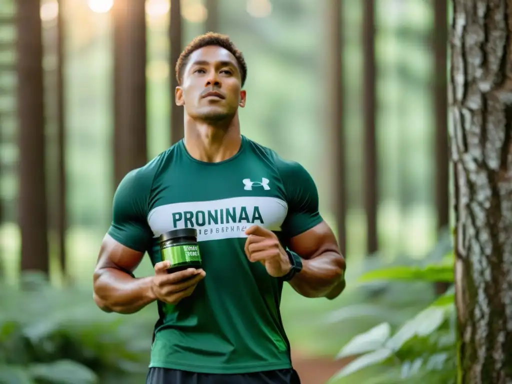 Atleta profesional en la naturaleza con suplemento natural Un atleta profesional con expresión concentrada, en un exuberante bosque verde