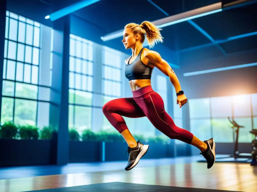 Atleta femenina en salto perfecto en gimnasio moderno Una atleta profesional saltando con fuerza en un gimnasio moderno y elegante, irradiando determinación y poder