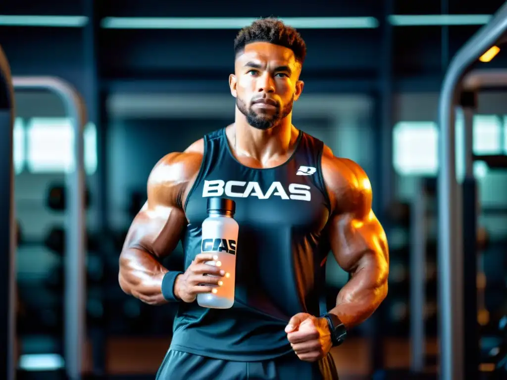 Atleta de élite con BCAAs: potencia y determinación Un atleta profesional se enfoca en el gimnasio, sosteniendo una botella de BCAAs, rodeado de equipo de vanguardia