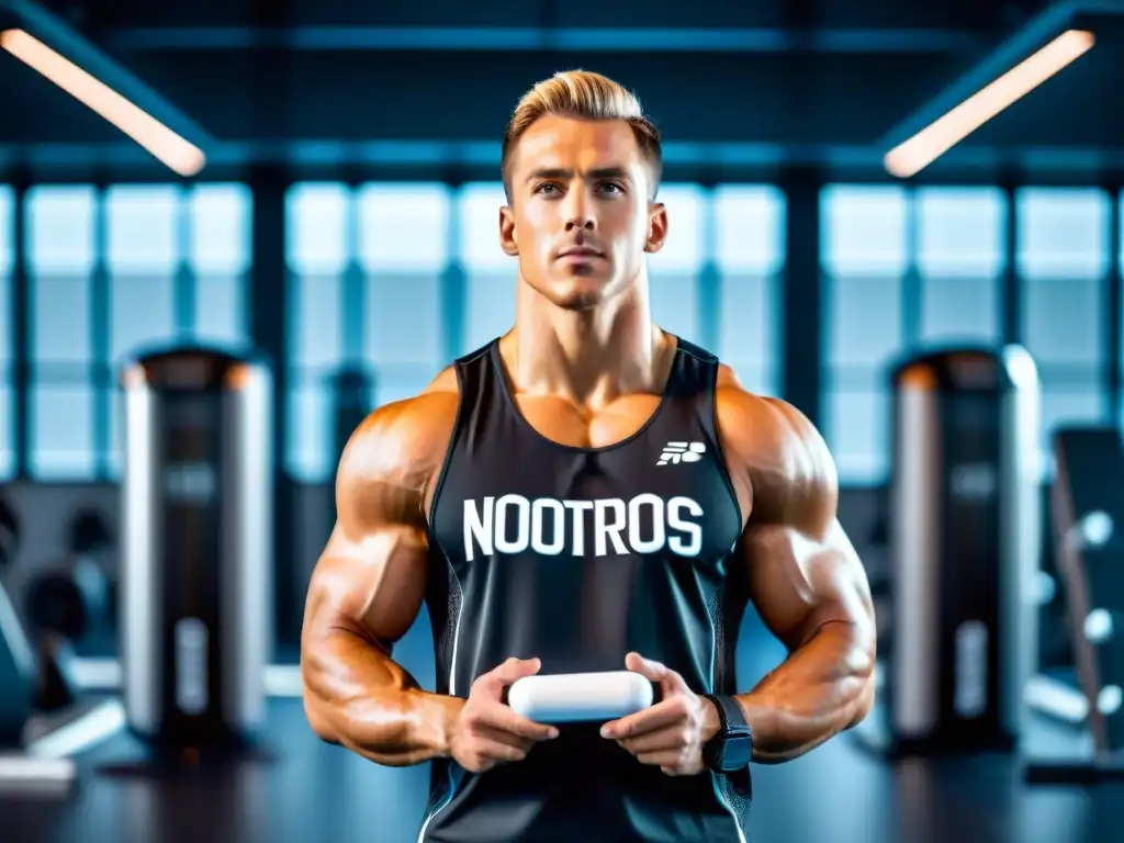 Atleta de élite en gimnasio futurista con nootrópicos Un atleta profesional con determinación en un gimnasio futurista, sosteniendo un frasco de 'suplementos nootrópicos para atletas'