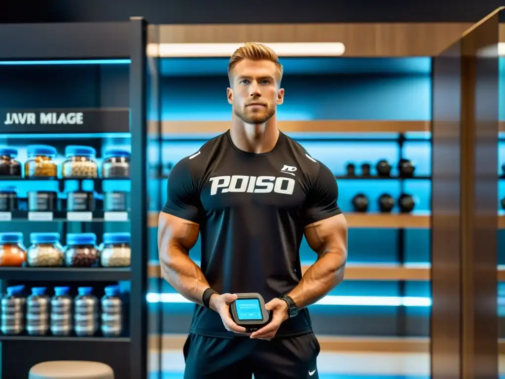 Atleta de élite en gimnasio futurista con nutrición personalizada Un atleta profesional en un gimnasio moderno, rodeado de suplementos nutricionales personalizados deportivos en una pantalla de vidrio futurista