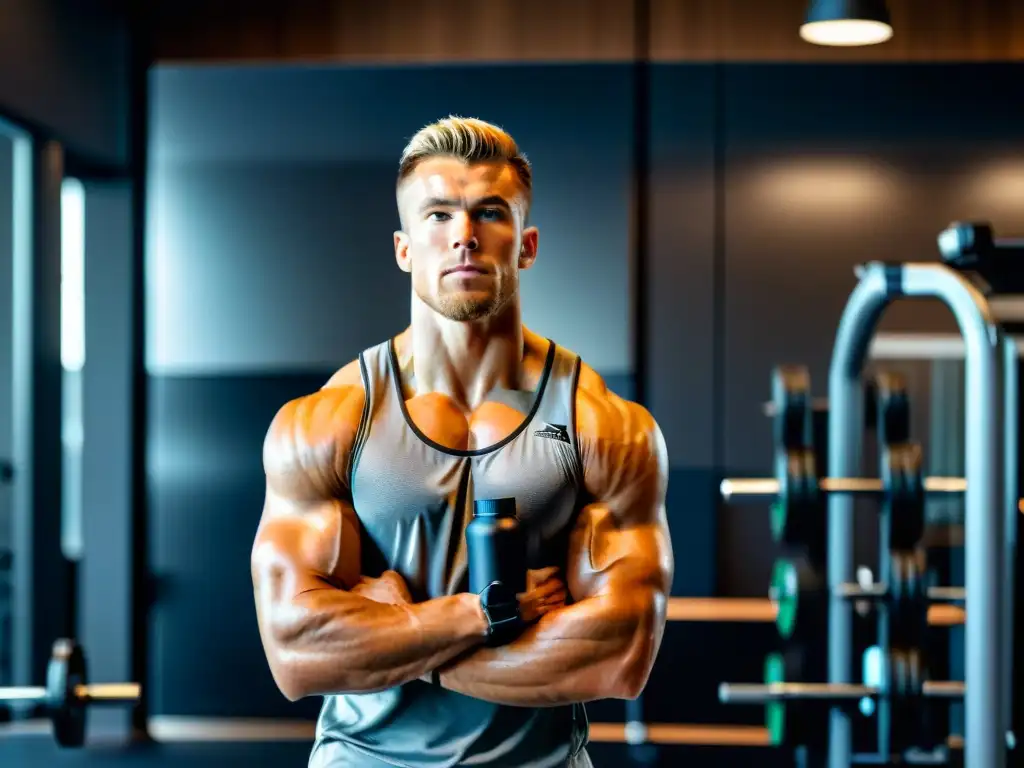 Atleta de alto rendimiento en gimnasio de vanguardia con suplementos Un atleta profesional se entrena en un gimnasio moderno rodeado de suplementos para rendimiento metabólico