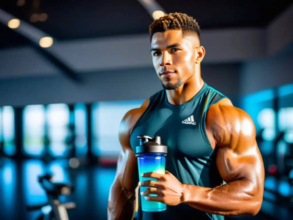 Atleta profesional tomando suplemento deportivo en gimnasio moderno Un atleta profesional en un gimnasio moderno, sosteniendo un shaker con una bebida vibrante