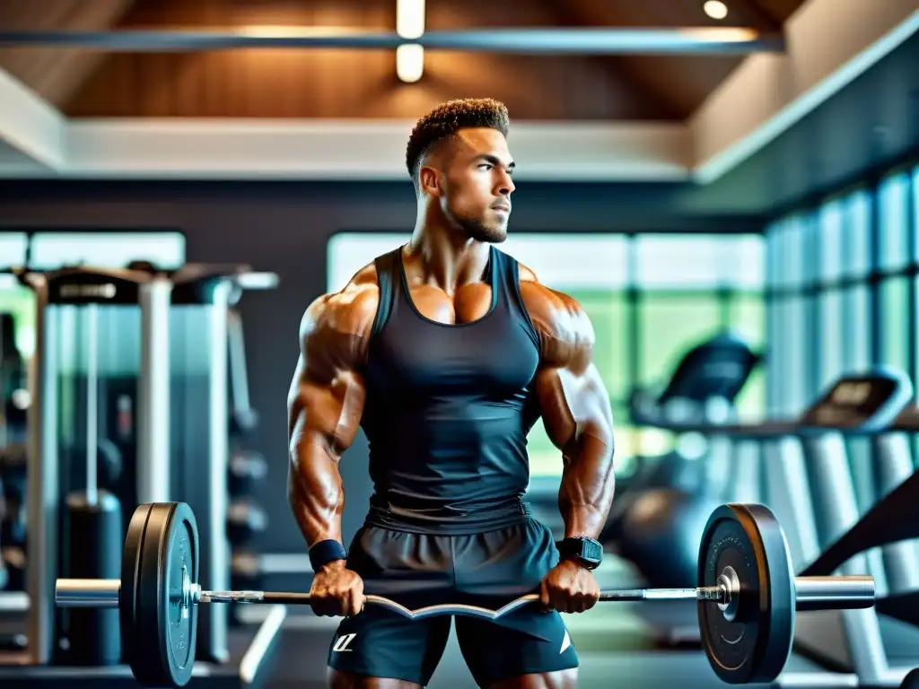 Atleta profesional en gimnasio moderno con suplementos nutricionales Un atleta profesional en un gimnasio moderno rodeado de suplementos nutricionales y equipamiento deportivo
