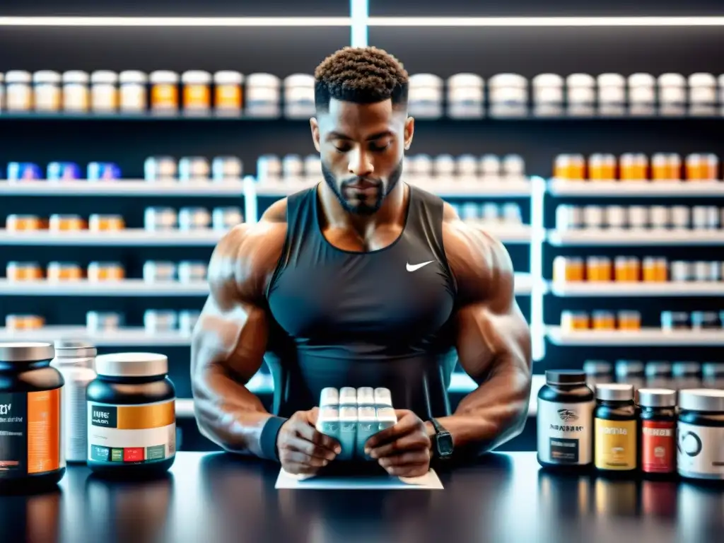Atleta profesional analizando suplementos deportivos en gimnasio moderno Un atleta profesional interactúa con nutrientes y suplementos deportivos en un gimnasio moderno y futurista