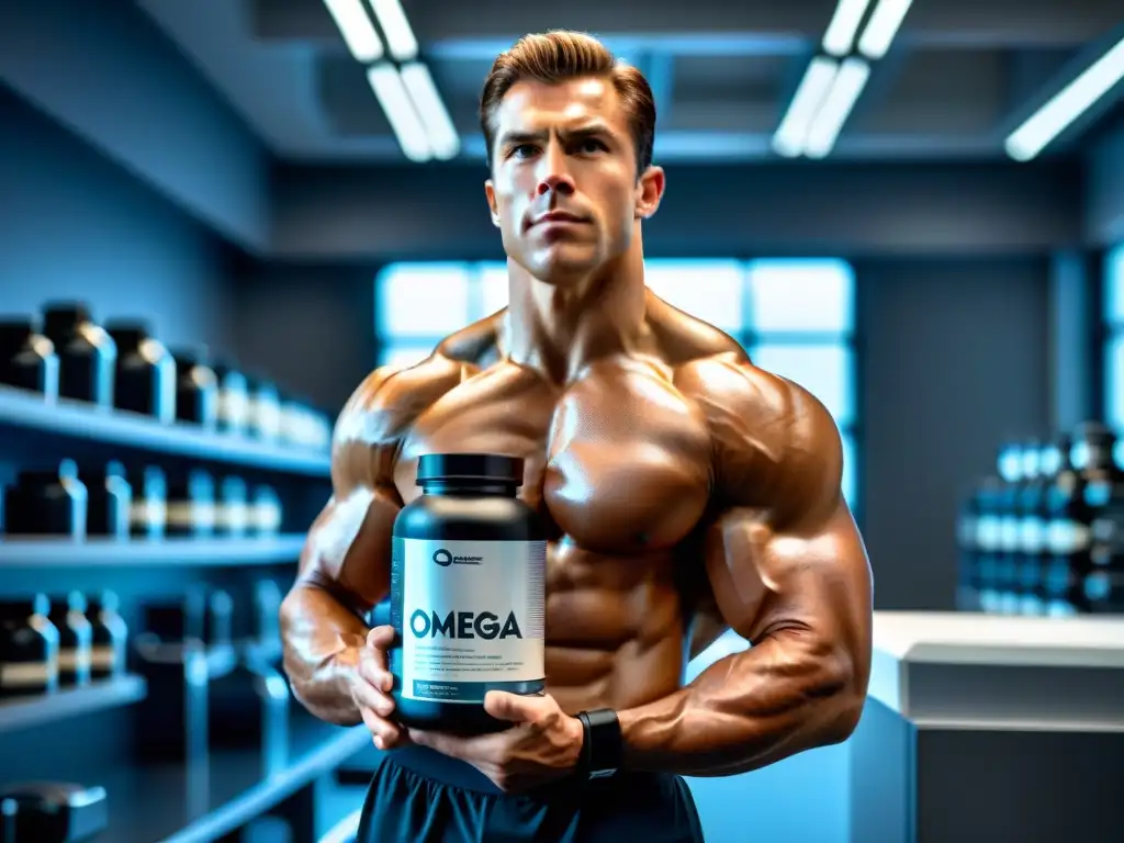 Atleta de élite con Omega3 en laboratorio moderno Un atleta profesional en un laboratorio moderno, sosteniendo Omega3 con determinación