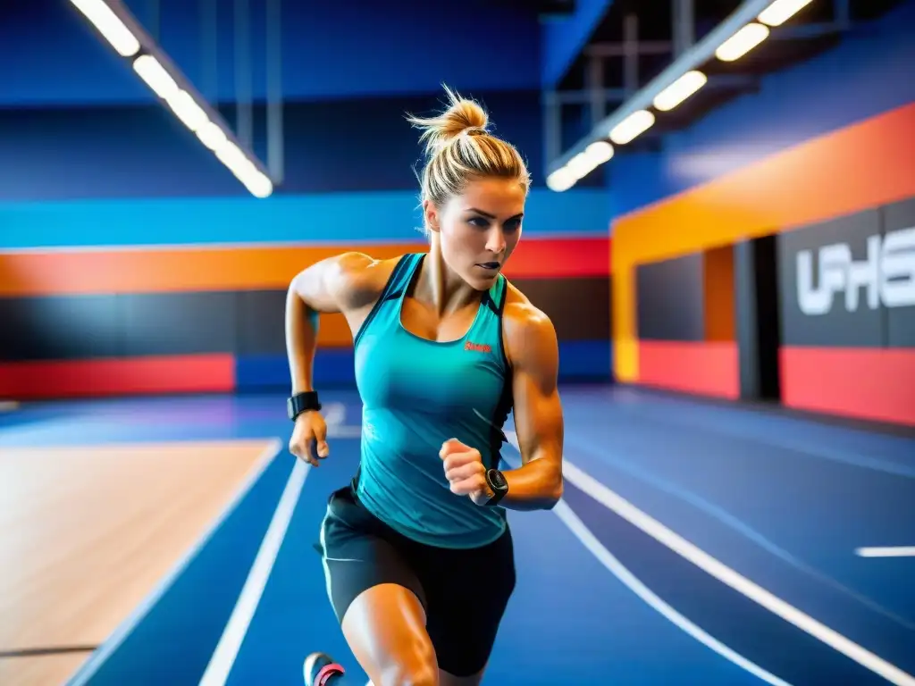 Probióticos y alto rendimiento: Excelencia atlética en acción Un atleta profesional se esfuerza al límite durante un intenso entrenamiento, demostrando la conexión entre probióticos y rendimiento deportivo