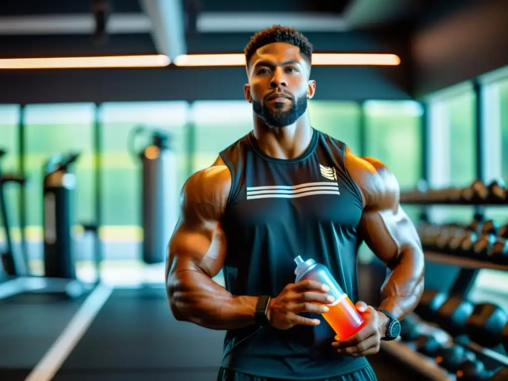 Preparación profesional: el atleta listo para el desafío Un atleta profesional listo para entrenar con su shaker de ingredientes clave preentrenamiento deportivo en un gimnasio moderno y futurista
