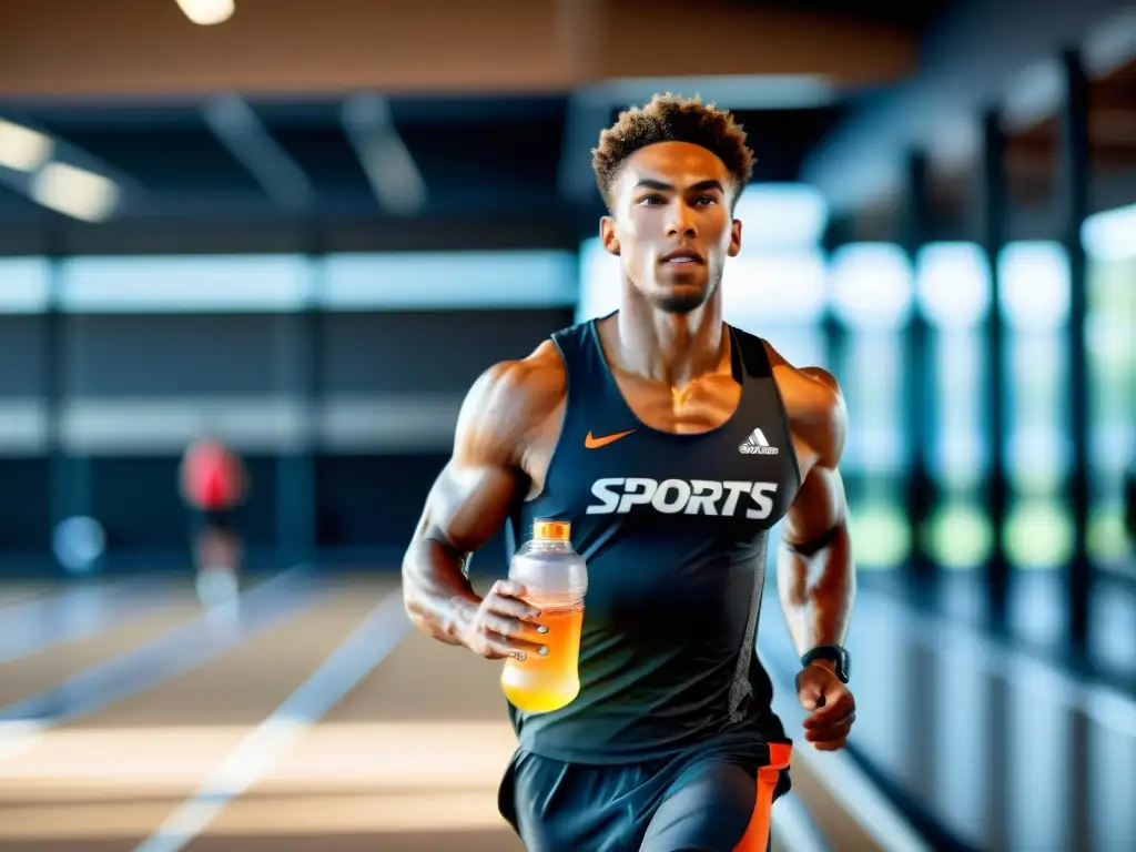 Atleta profesional en acción en moderno gimnasio Un atleta profesional en acción, con mirada concentrada, vistiendo ropa deportiva moderna y sosteniendo una botella de bebida deportiva con el logo de cafeína