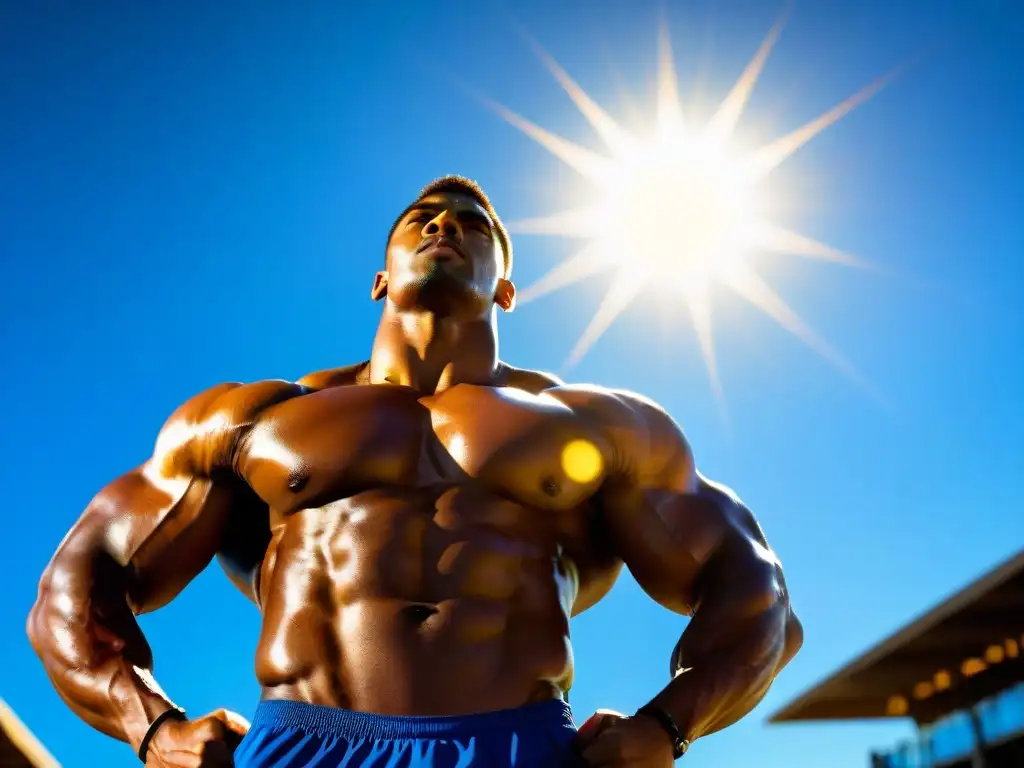 Potencia muscular bajo el sol: sinergia perfecta Un atleta profesional con músculos abultados y expresión determinada, bañado en el resplandor dorado del sol, mostrando la poderosa sinergia entre el entrenamiento de fuerza y los beneficios de la vitamina D