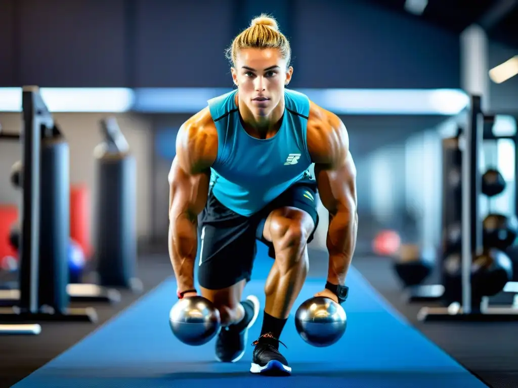 Entrenamiento de atleta profesional con equipamiento de vanguardia Un atleta profesional en plena acción, enfocado y determinado durante un intenso entrenamiento