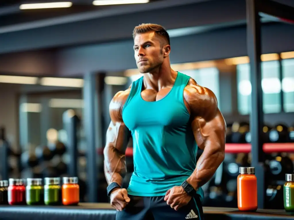 Intensa sesión de entrenamiento con suplementos deportivos Un atleta profesional en pleno entrenamiento intenso, envuelto en sudor, músculos tensos y determinación en su rostro