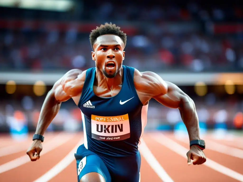 Atleta de élite en acción: potencia y determinación en competencia Un atleta profesional en pleno esfuerzo, con determinación y concentración intensas, compitiendo en un evento deportivo de alto rendimiento