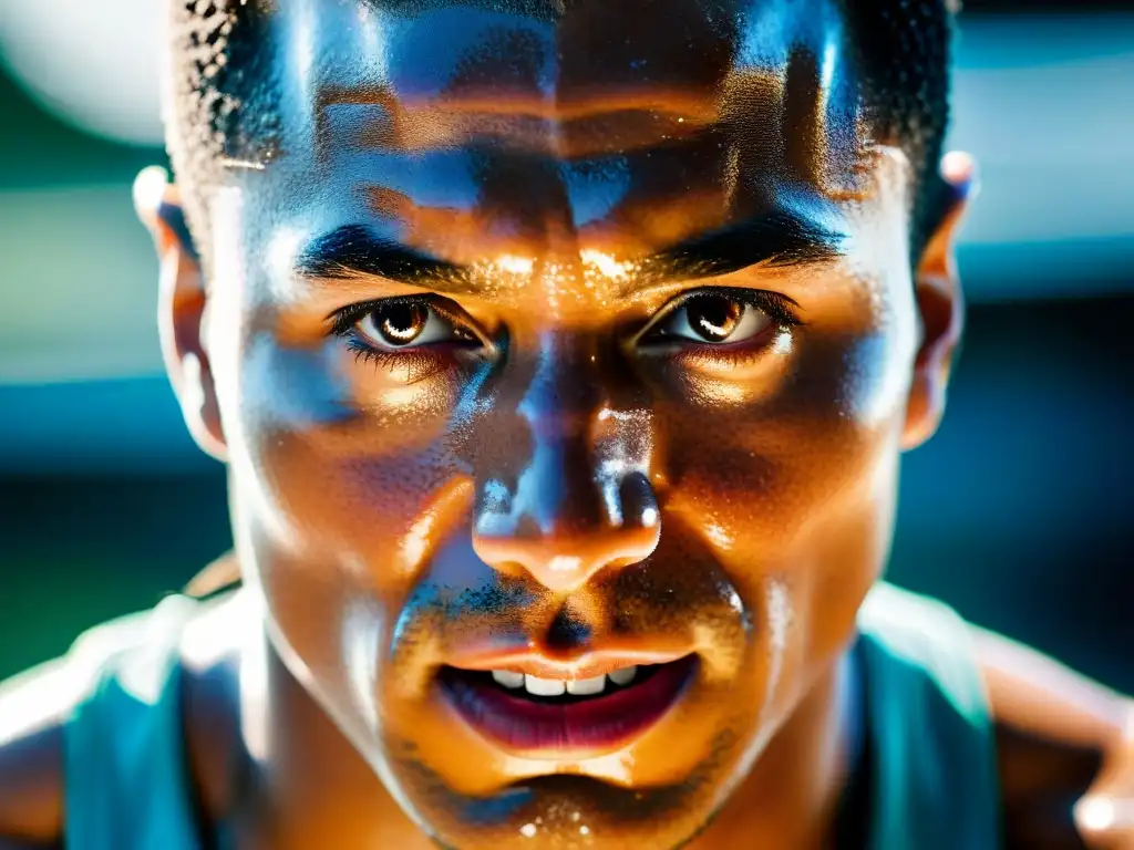 Rostro atlético: determinación y fuerza en alta definición Un atleta profesional con el rostro goteando sudor durante un entrenamiento de alta intensidad, reflejando determinación y fuerza