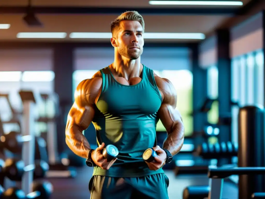 Atleta profesional en gimnasio moderno con suplementos energéticos Un atleta profesional realiza su rutina post-entrenamiento rodeado de aminoácidos esenciales en un gimnasio moderno y vibrante