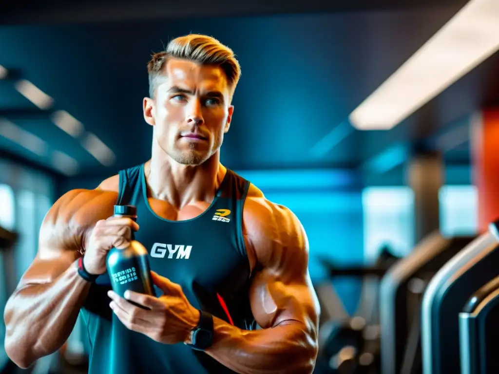Atleta de alto rendimiento toma suplemento en gimnasio moderno Un atleta profesional se concentra intensamente mientras toma suplementos para potenciar concentración deportiva en un gimnasio moderno y elegante