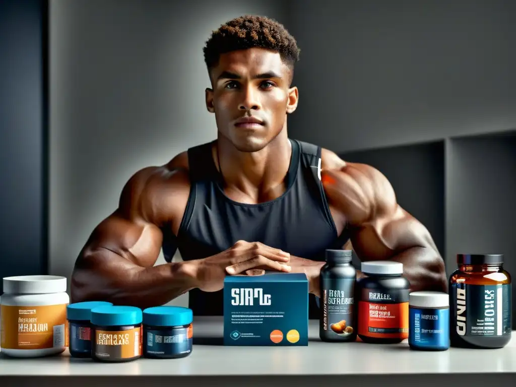 Atleta profesional con suplementos deportivos de alta calidad Un atleta profesional con suplementos deportivos variados en una mesa moderna