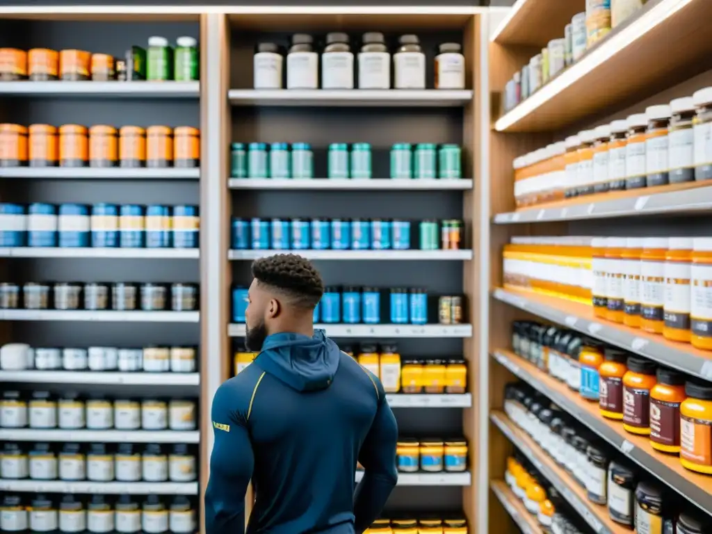 Atleta profesional seleccionando suplementos deportivos con certificaciones Un atleta profesional examina con determinación los suplementos deportivos en estanterías organizadas