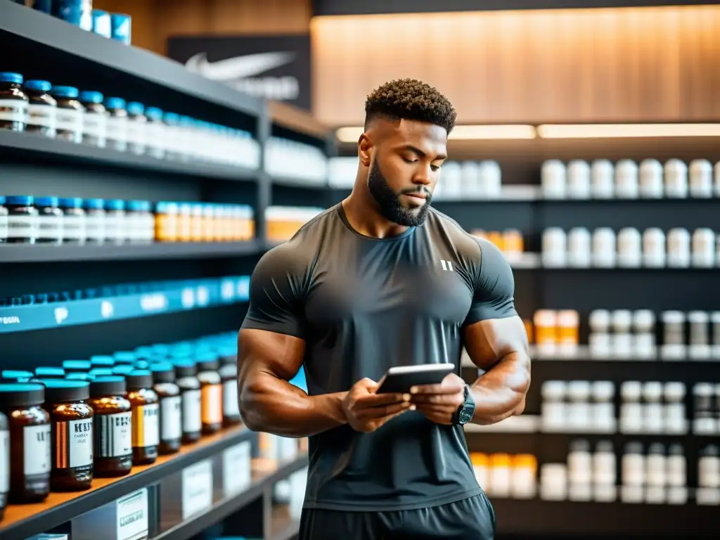 Atleta profesional elige con determinación suplementos deportivos Un atleta profesional investigando suplementos deportivos con determinación en un gimnasio moderno