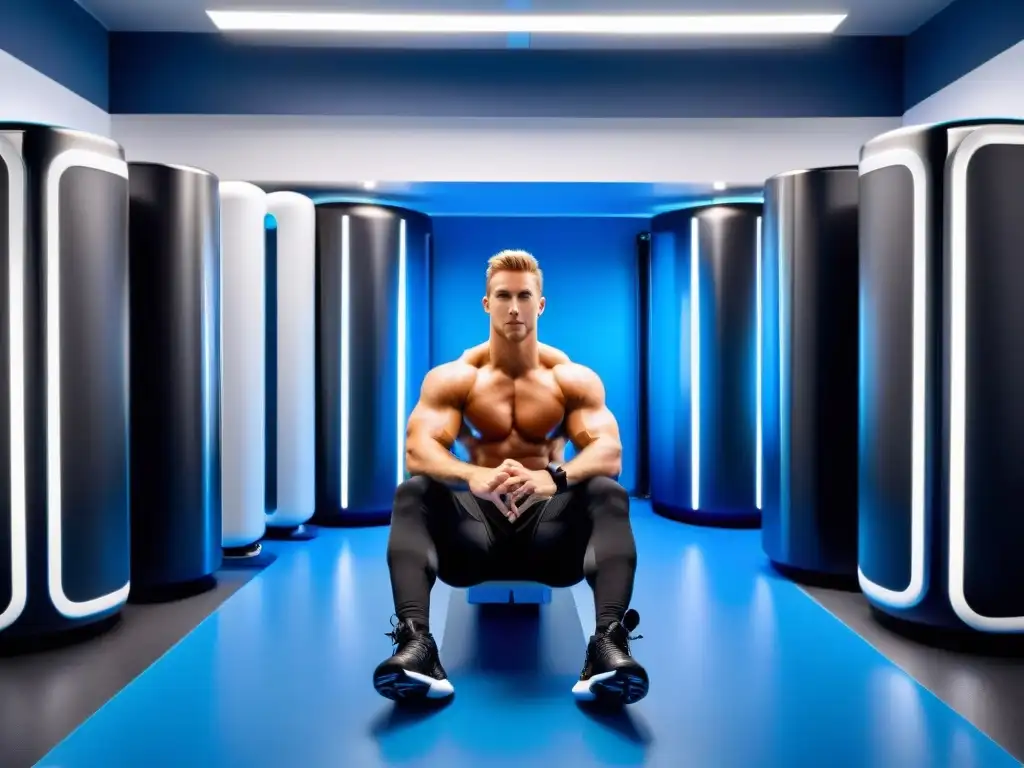 Recovery profesional: Atleta en gimnasio moderno con equipos avanzados Un atleta profesional utiliza suplementos de recuperación post-entrenamiento en un gimnasio moderno, mostrando determinación y enfoque