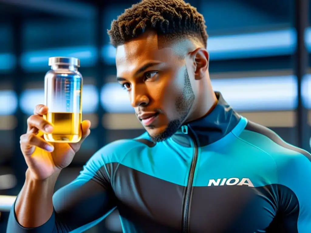 Suplemento Deportivo Nanotecnológico: Avance Científico en el Entrenamiento Un atleta profesional examina un vial de suplemento nanotecnológico en un entorno futurista