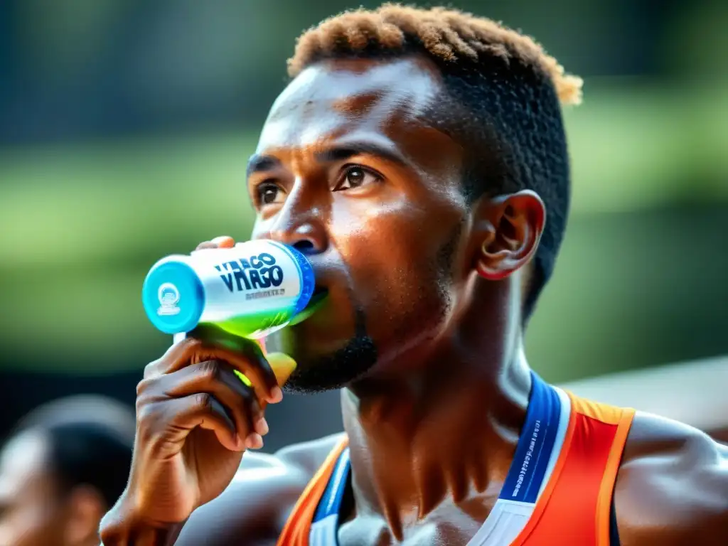 Atleta de resistencia con determinación bebe Vitargo durante carrera Un atleta de resistencia profesional bebe una bebida deportiva con infusión de Vitargo, mostrando determinación en medio de una carrera extenuante