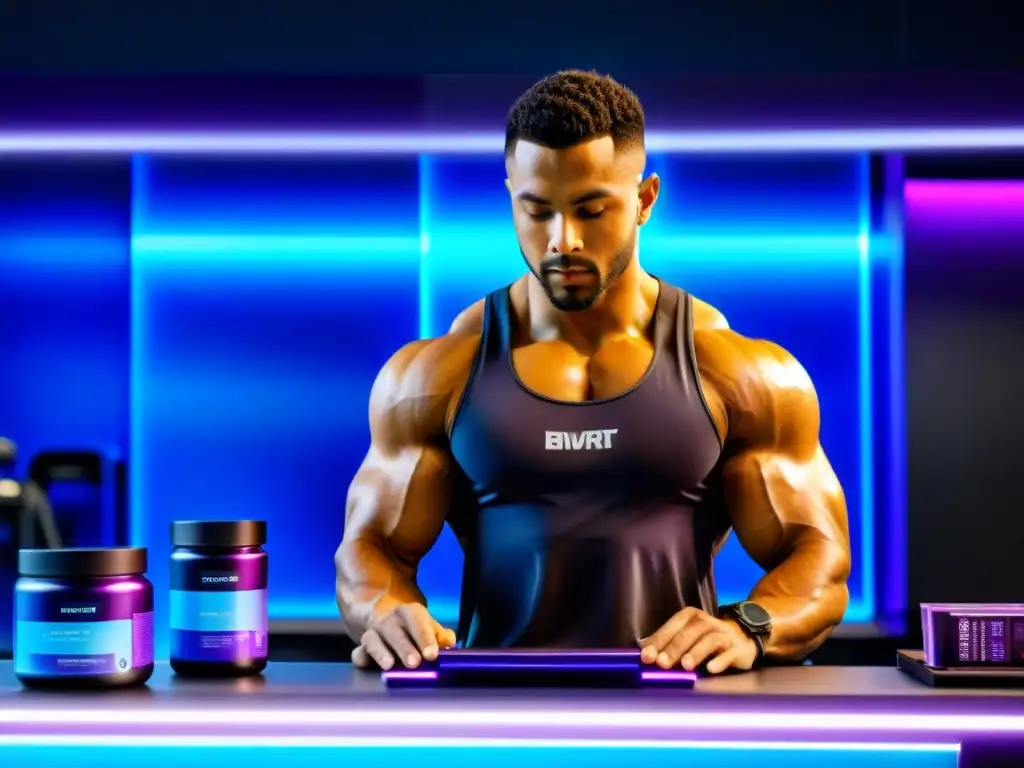 Preparación de suplementos preentrenamiento en gimnasio futurista Un atleta se prepara con suplementos preentrenamiento para maximizar potencial en un gimnasio futurista iluminado en tonos azules y morados
