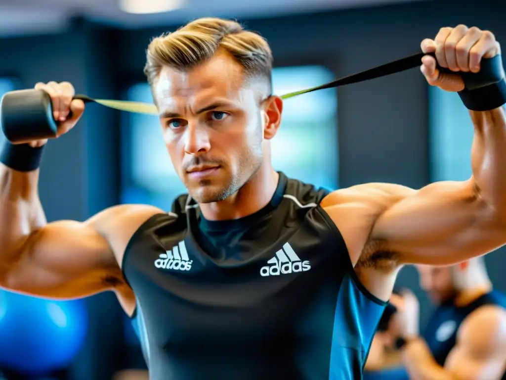 Terapia de rehabilitación: Atleta profesional luchando con determinación Un atleta se esfuerza en terapia física, con determinación en su mirada, sudor en la frente y manos agarrando bandas de resistencia