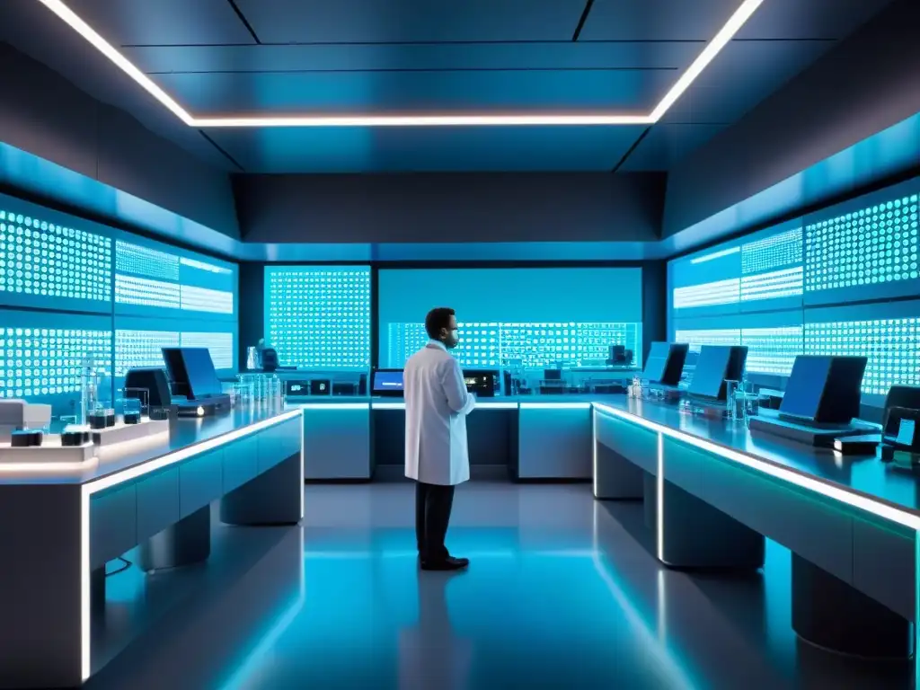 Lab de Biotecnología Futurista: Innovación y Tecnología Avanzada Avances en biotecnología y suplementos: Laboratorio futurista con equipamiento de vanguardia, científicos trabajando en ambientes hightech y tecnología innovadora