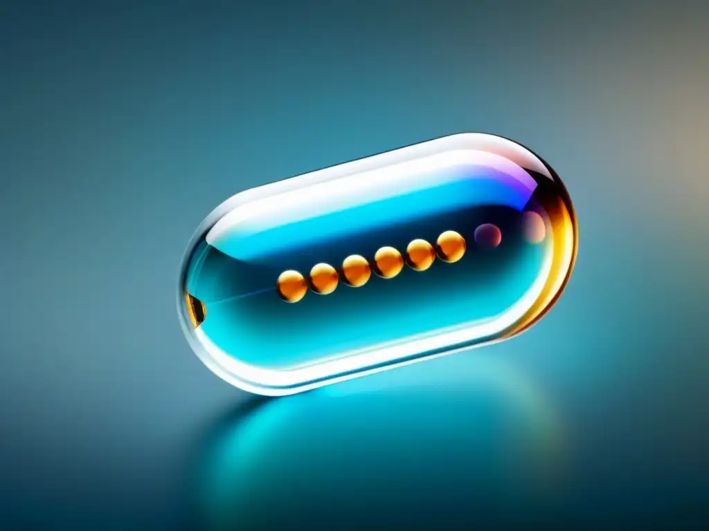 Cápsula transparente con microesferas de colores en suspensión Avanzada tecnología en suplementos de liberación prolongada beneficios, con cápsula transparente y microesferas de colores suspendidas en el aire