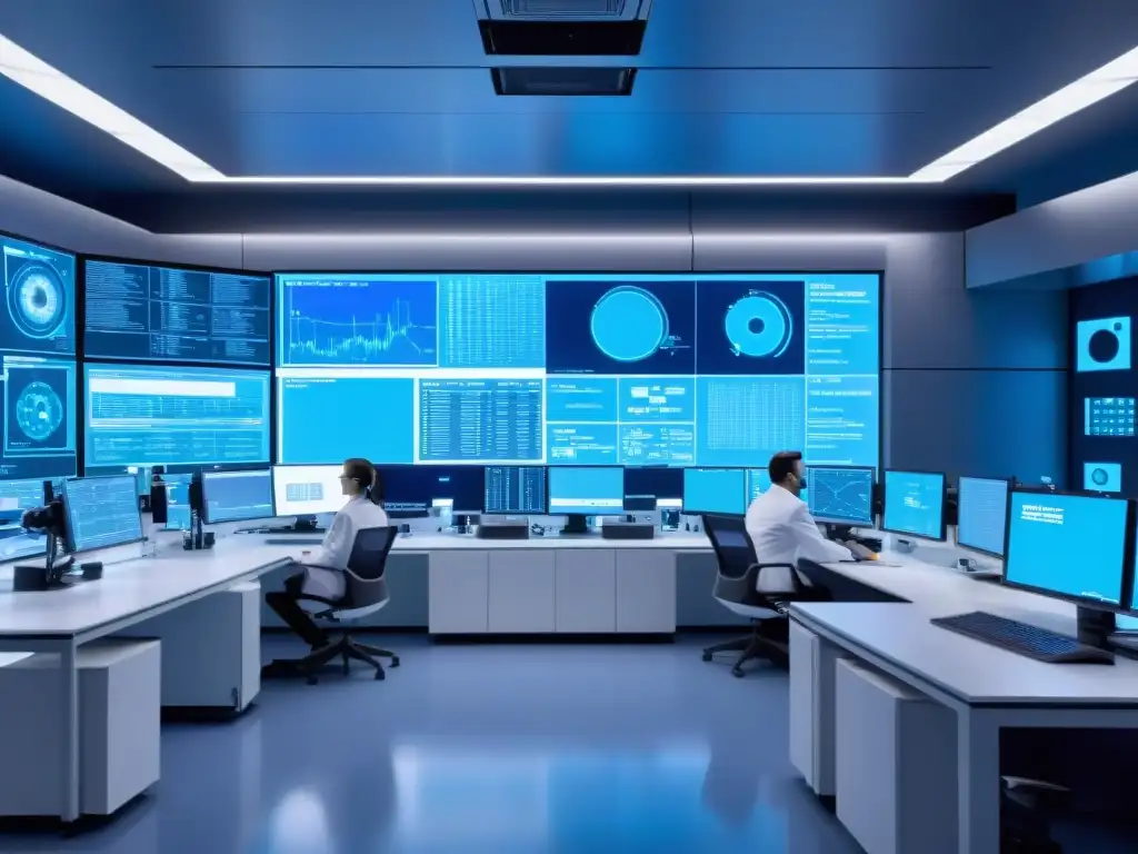 Lab de alta tecnología con inteligencia artificial creando suplementos nutricionales Avanzado laboratorio futurista con IA en suplementación nutricional, científicos analizando datos en pantallas digitales